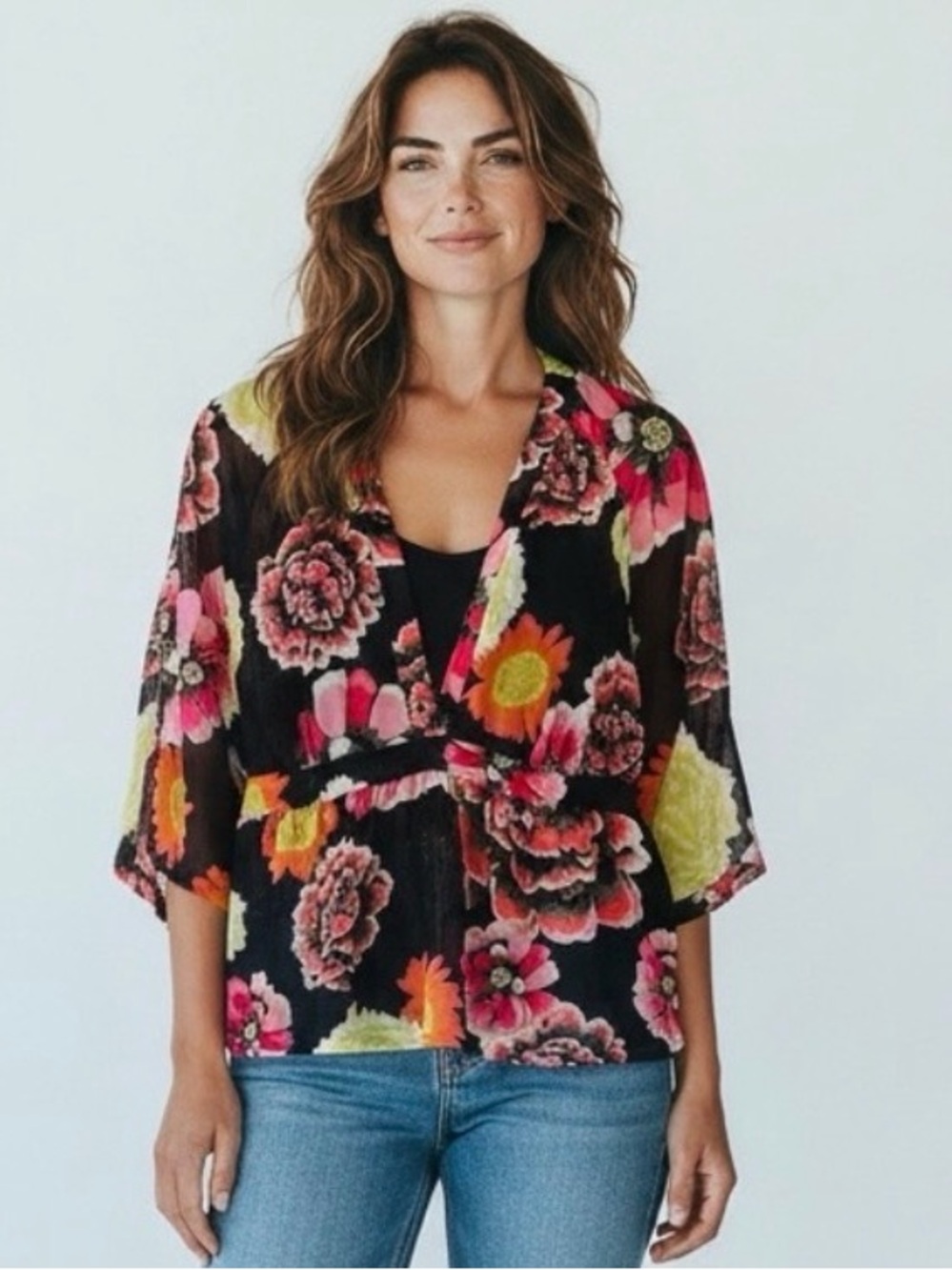 Cabi Semi Sheer Floral Tunic with Drawstring 3/4 Sleeves size Medium